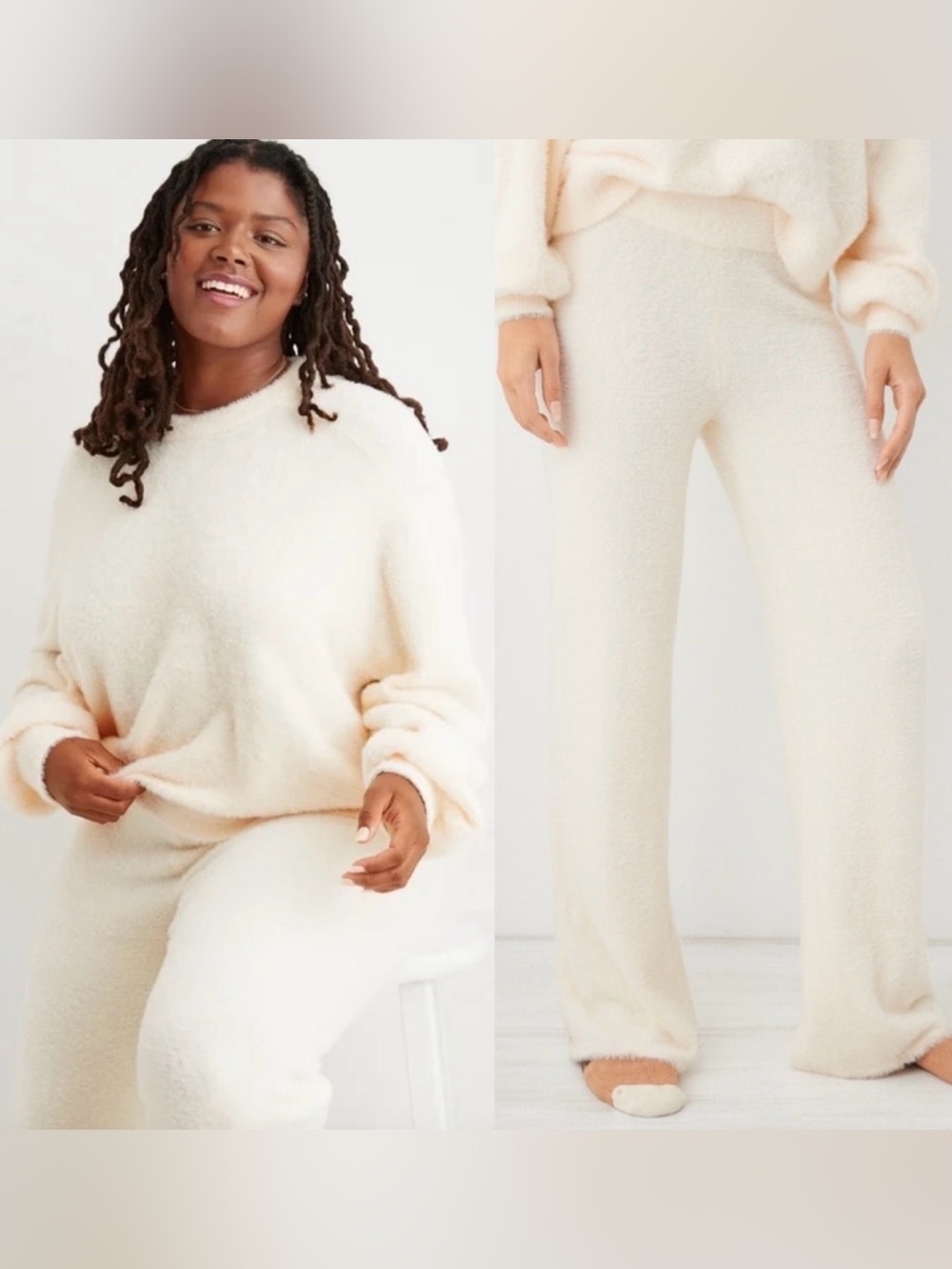 Aerie Matching Sweater Set Cream White Fuzzy Fluffy Marshmallow Medium & Pants